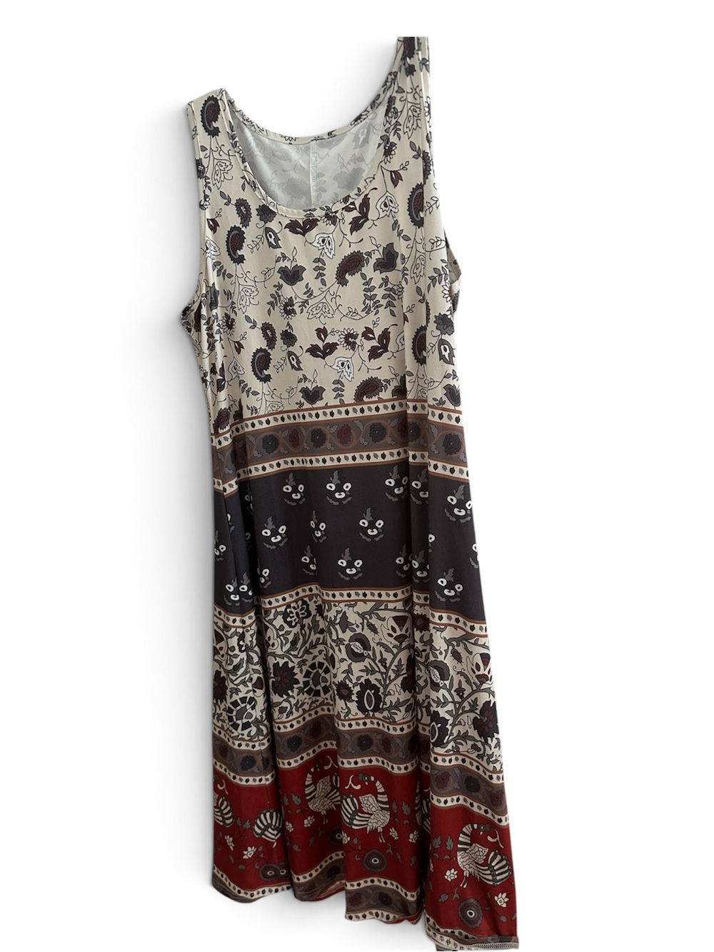 Sleeveless Floral Border Print Maxi Dress in Cream, Black & Red